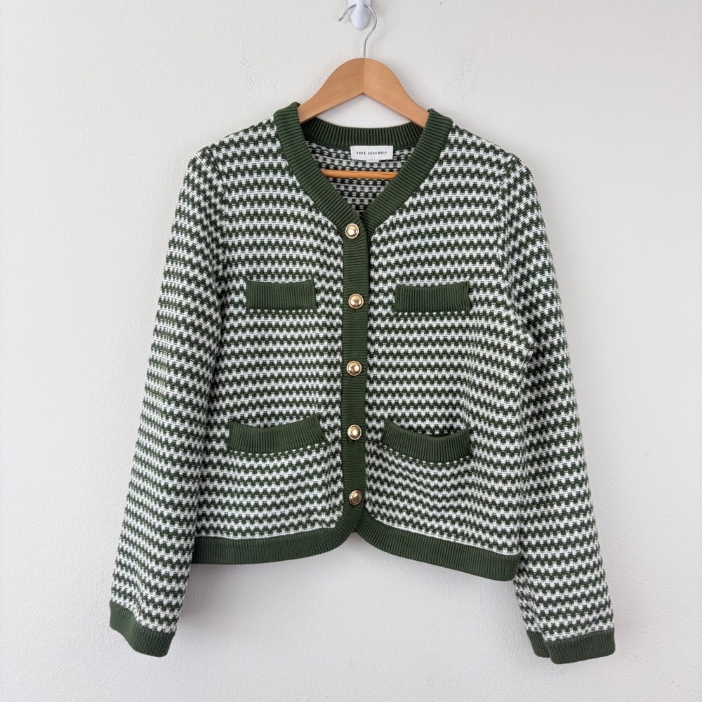 Preppy Academia Green White Knit Cardigan Sophisticated Gold Buttons Medium